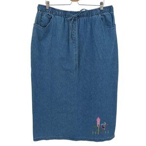 Quacker Factory Women Plus Size 2X Embroidered Birdhouse Blue Denim Jean Skirt